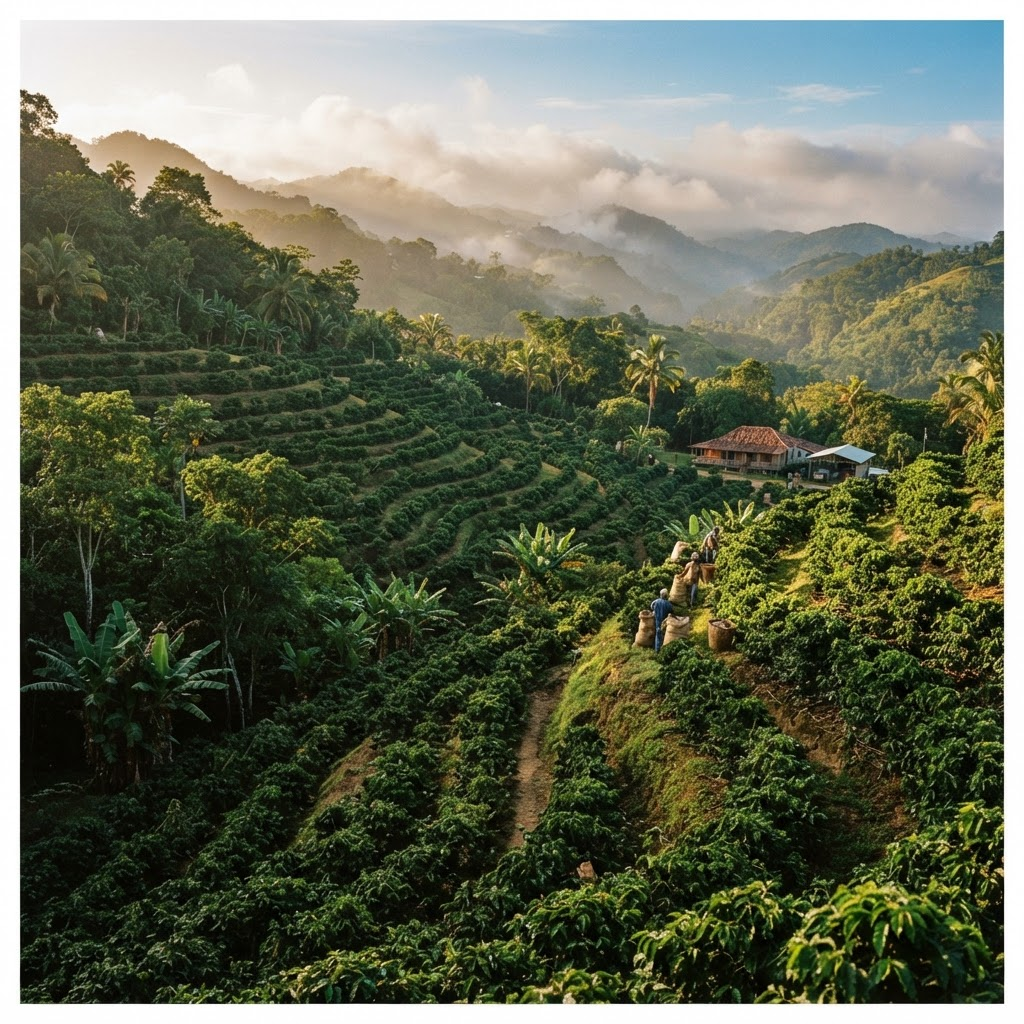 Terraced coffee farms on the misty mountains of central Puerto Rico